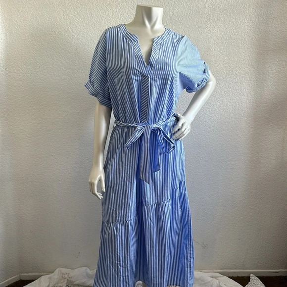 Saks Fifth Avenue Womens Striped Belted A Line Dress Blue White Cotton - Picture 1 of 7